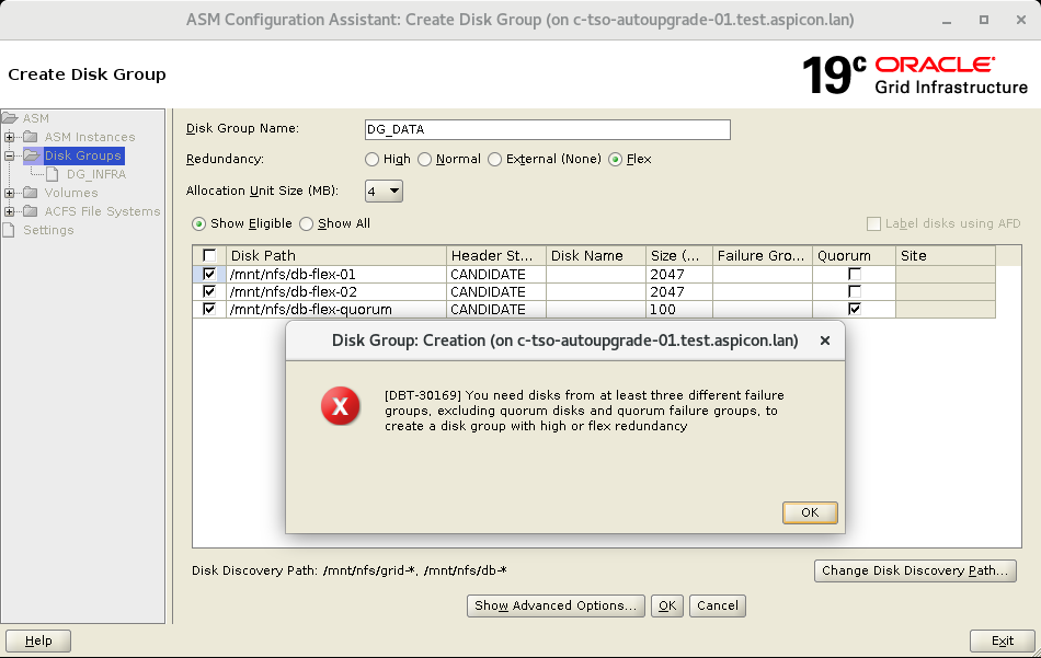 Fehlermeldung beim Anlegen einer Flex-Diskgroup mit zwei Failgroups plus Quorum
