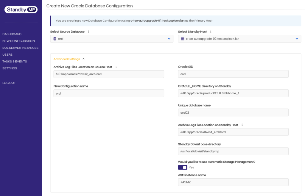 Screenshot Dbvisit Standby create oracle database configuration